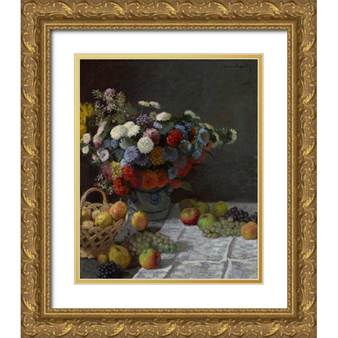 Still Life with Flowers and Fruit Gold Ornate Wood Framed Art Print with Double Matting by Monet, Claude