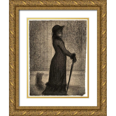 Une elegante - Woman Strolling Gold Ornate Wood Framed Art Print with Double Matting by Seurat, Georges