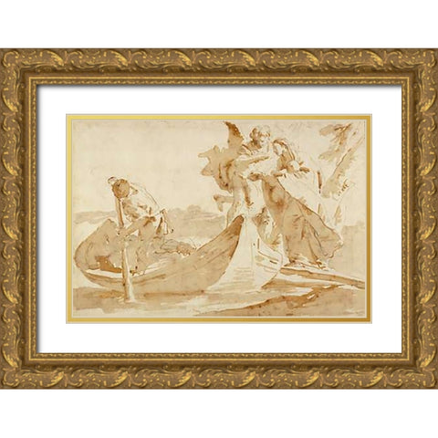 Flight into Egypt (recto); Various Studies (verso) Gold Ornate Wood Framed Art Print with Double Matting by Tiepolo, Giovanni Battista