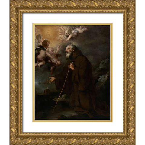 The Vision of Saint Francis of Paola Gold Ornate Wood Framed Art Print with Double Matting by Murillo, Bartolome Esteban