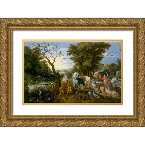 The Entry of the Animals into Noahs Ark Gold Ornate Wood Framed Art Print with Double Matting by Jan Brueghel the Elder