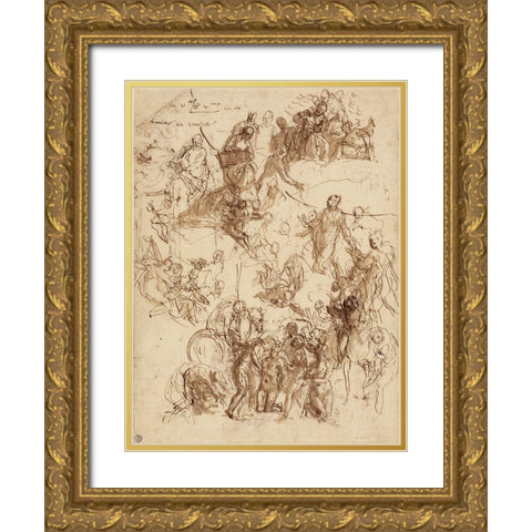 Sheet of Studies for The Martyrdom of Saint George Gold Ornate Wood Framed Art Print with Double Matting by Veronese, Paolo
