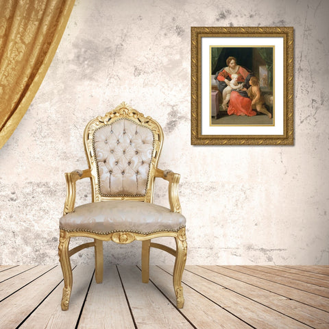 Virgin and Child with Saint John the Baptist Gold Ornate Wood Framed Art Print with Double Matting by Reni, Guido