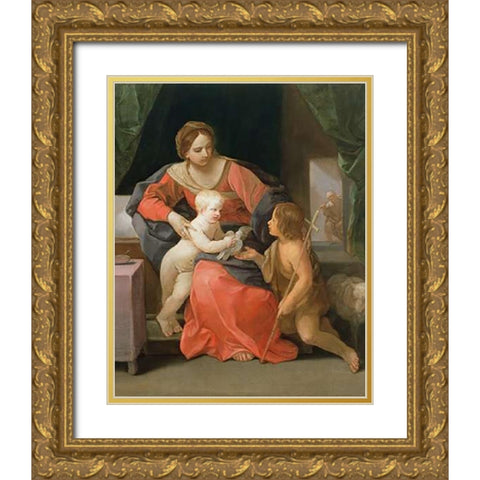 Virgin and Child with Saint John the Baptist Gold Ornate Wood Framed Art Print with Double Matting by Reni, Guido