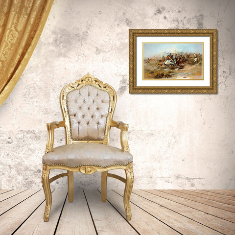 The Custer Fight, 1903 Gold Ornate Wood Framed Art Print with Double Matting by Russell, Charles