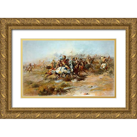 The Custer Fight, 1903 Gold Ornate Wood Framed Art Print with Double Matting by Russell, Charles