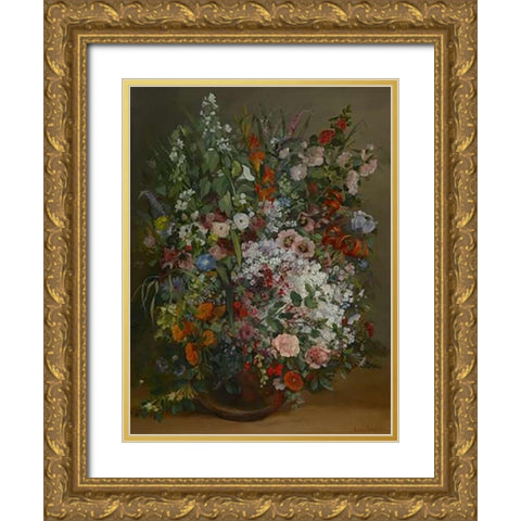Bouquet of Flowers in a Vase Gold Ornate Wood Framed Art Print with Double Matting by Courbet, Gustave