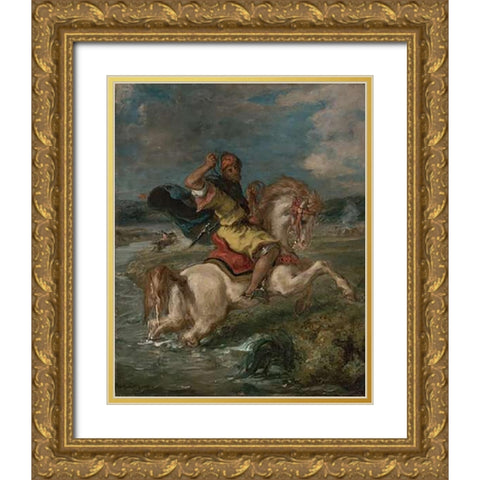 Moroccan Horseman Crossing a Ford Gold Ornate Wood Framed Art Print with Double Matting by Delacroix, Eugene
