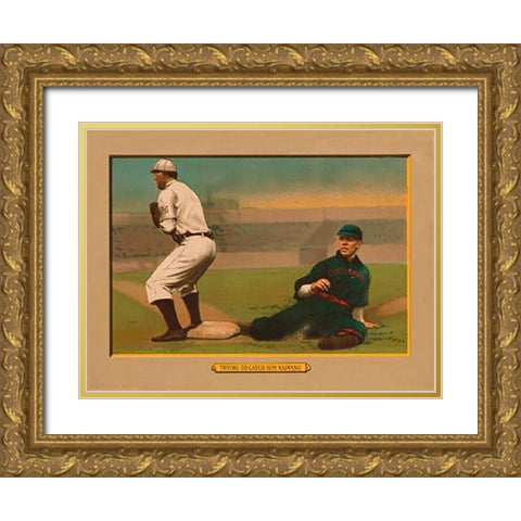 Trying to Catch Him Napping, Baseball Card Gold Ornate Wood Framed Art Print with Double Matting by American Tobacco Company