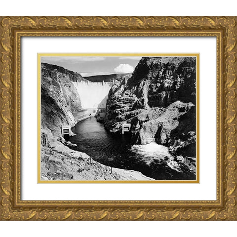Hoover Dam from Across the Colorado River - National Parks and Monuments, 1941 Gold Ornate Wood Framed Art Print with Double Matting by Adams, Ansel