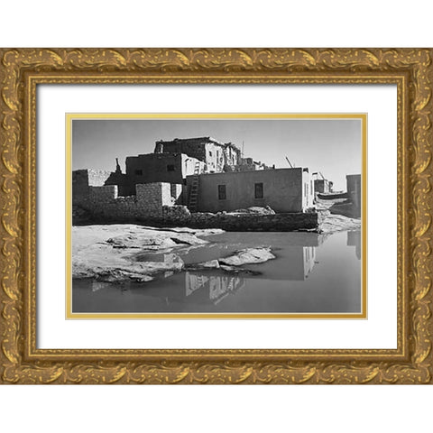 Adobe House with Water in Foreground - Acoma Pueblo, New Mexico - National Parks and Monuments, ca. Gold Ornate Wood Framed Art Print with Double Matting by Adams, Ansel