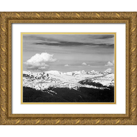 View at timberline, dark foreground, light snow capped mountain, gray sky, in Rocky Mountain Nationa Gold Ornate Wood Framed Art Print with Double Matting by Adams, Ansel