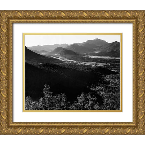 Valley surrounded by mountains, in Rocky Mountain National Park, Colorado, ca. 1941-1942 Gold Ornate Wood Framed Art Print with Double Matting by Adams, Ansel