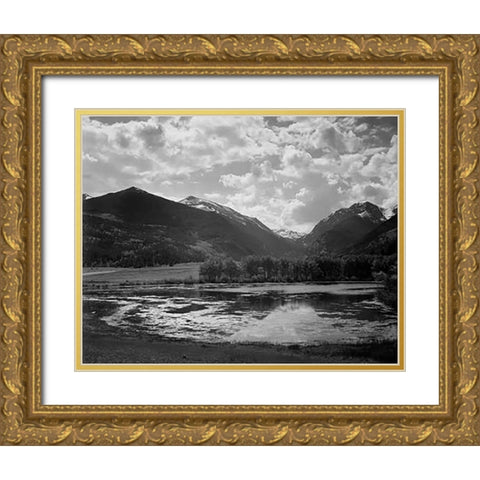 Lake and trees in foreground, mountains and clouds in background, in Rocky Mountain National Park, C Gold Ornate Wood Framed Art Print with Double Matting by Adams, Ansel