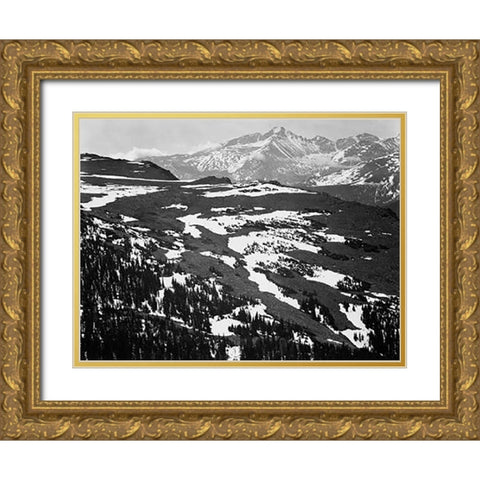 View of plateau, snow covered mountain in background, Longs Peak, in Rocky Mountain National Park, C Gold Ornate Wood Framed Art Print with Double Matting by Adams, Ansel