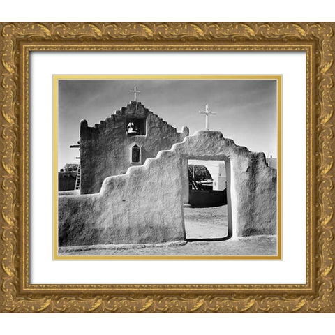 Full side view of entrance with gate to the right, Church, Taos Pueblo National Historic Landmark, N Gold Ornate Wood Framed Art Print with Double Matting by Adams, Ansel