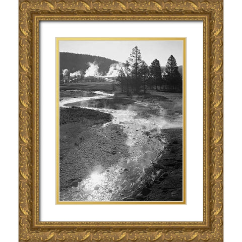 Stream winding back toward geyser, Central Geyser Basin, Yellowstone National Park, Wyoming, ca. 194 Gold Ornate Wood Framed Art Print with Double Matting by Adams, Ansel
