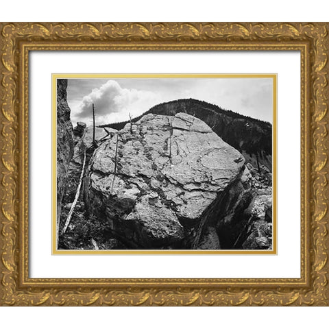 Boulder with hill in background, Rocks at Silver Gate, Yellowstone National Park, Wyoming, ca. 1941- Gold Ornate Wood Framed Art Print with Double Matting by Adams, Ansel