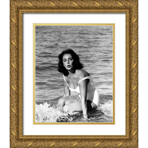 Elizabeth Taylor - In the surf Gold Ornate Wood Framed Art Print with Double Matting by Hollywood Photo Archive