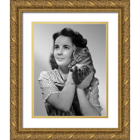 Elizabeth Taylor with kitten Gold Ornate Wood Framed Art Print with Double Matting by Hollywood Photo Archive