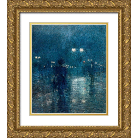 Fifth Avenue Nocturne Gold Ornate Wood Framed Art Print with Double Matting by Hassam, Childe