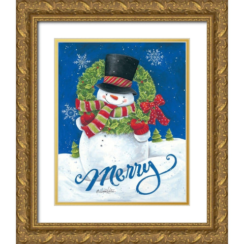 Merry Snowman Gold Ornate Wood Framed Art Print with Double Matting by Kater, Diane