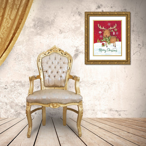 Merry Christmas Reindeer Gold Ornate Wood Framed Art Print with Double Matting by Kater, Diane