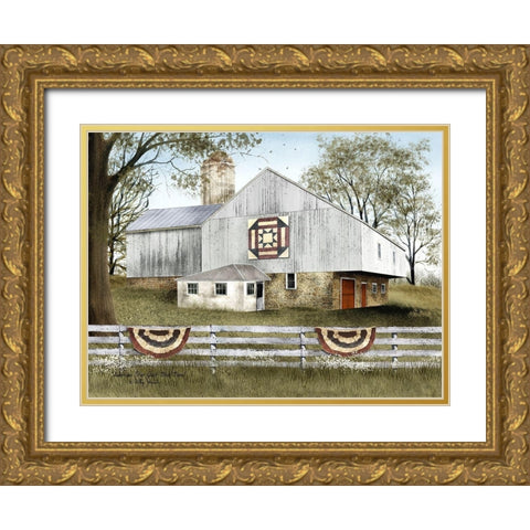 American Star Quilt Block Barn Gold Ornate Wood Framed Art Print with Double Matting by Jacobs, Billy