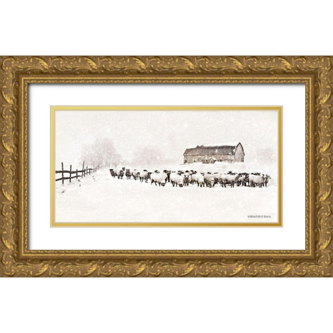 Warm Winter Barn with Sheep Herd Gold Ornate Wood Framed Art Print with Double Matting by Bluebird Barn