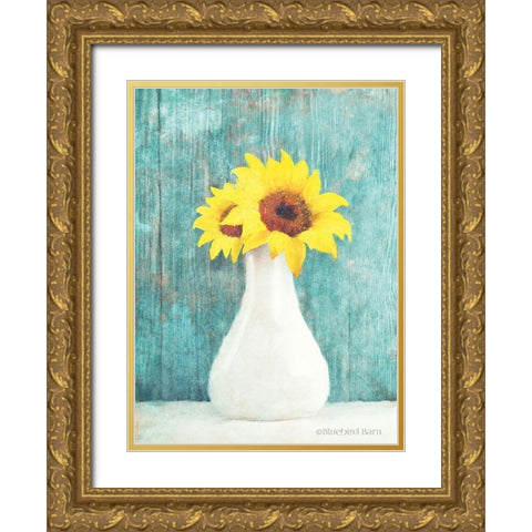 Sunflower White Vase Gold Ornate Wood Framed Art Print with Double Matting by Bluebird Barn