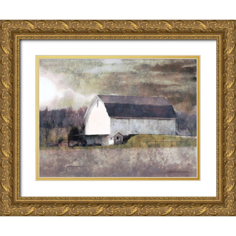 Rustic White Barn Scene I Gold Ornate Wood Framed Art Print with Double Matting by Bluebird Barn