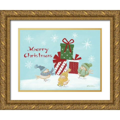 Winter Birds Merry Christmas Gold Ornate Wood Framed Art Print with Double Matting by Britton, Pam