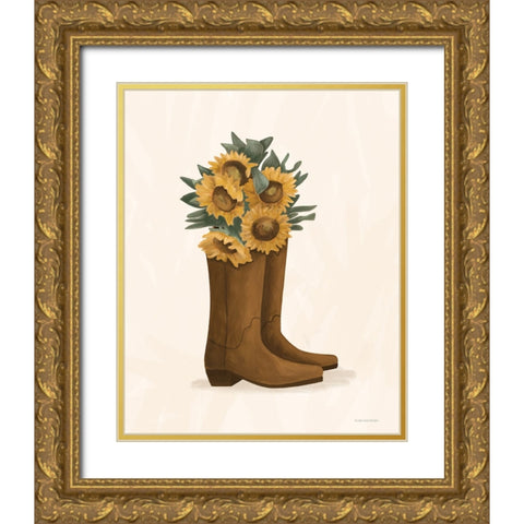 Sunflower Cowgirl Boots Gold Ornate Wood Framed Art Print with Double Matting by Lady Louise Designs