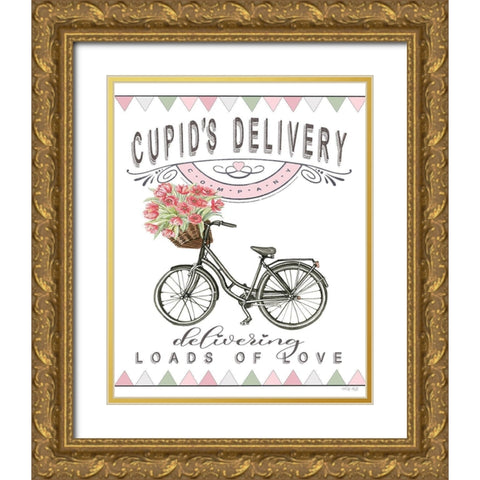 Cupids Delivery Bicycle Gold Ornate Wood Framed Art Print with Double Matting by Jacobs, Cindy