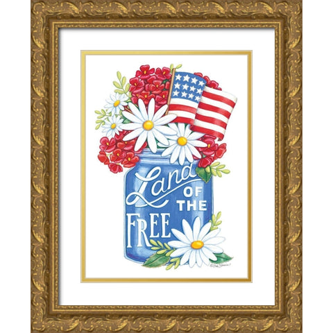 Land of the Free Blue Mason Jar Gold Ornate Wood Framed Art Print with Double Matting by Strain, Deb