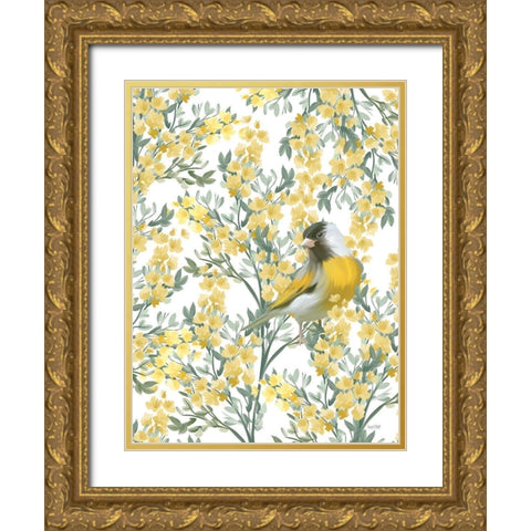 Yellow Spring Finch Gold Ornate Wood Framed Art Print with Double Matting by House Fenway
