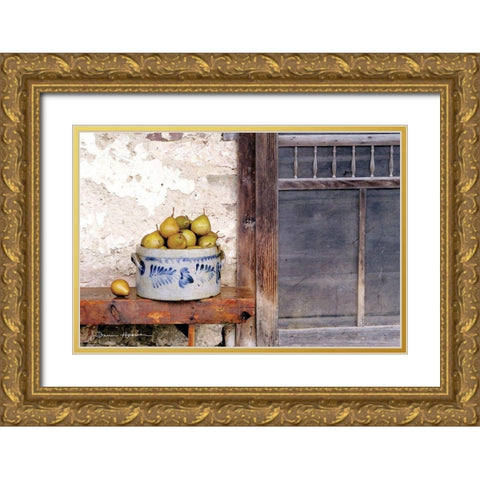 Bushel and a Peck Crock of Pears Gold Ornate Wood Framed Art Print with Double Matting by Hoover, Irvin