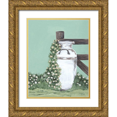 Milk Can With Cascading Flowers Gold Ornate Wood Framed Art Print with Double Matting by Norman, Michele