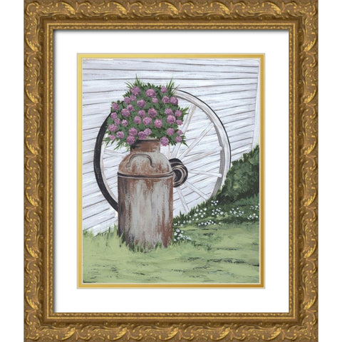 Rusted Milk Can with Wagon Wheel Gold Ornate Wood Framed Art Print with Double Matting by Norman, Michele