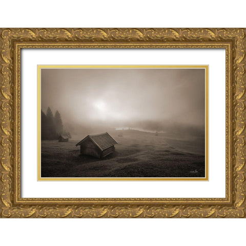 Misty Morning Sunrise Gold Ornate Wood Framed Art Print with Double Matting by Podt, Martin