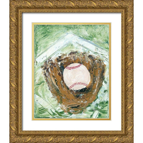 Baseball and Glove Gold Ornate Wood Framed Art Print with Double Matting by Ebert, Roey