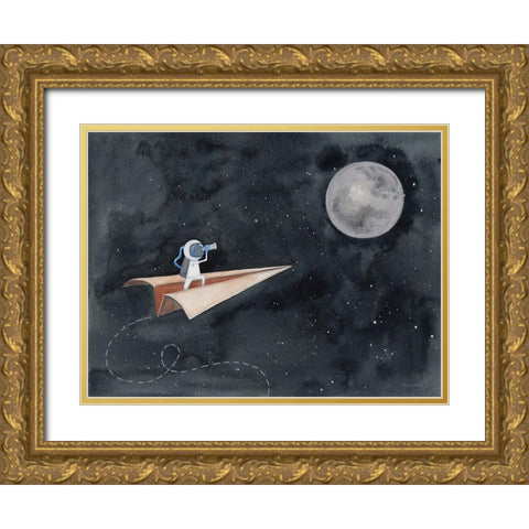 Paper Airplane to the Moon Gold Ornate Wood Framed Art Print with Double Matting by Nieman, Rachel