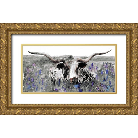 Longhorn in Flower Field Gold Ornate Wood Framed Art Print with Double Matting by Stellar Design Studio