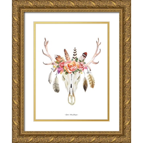 Boho Floral Feather Skull Gold Ornate Wood Framed Art Print with Double Matting by Seven Trees Design