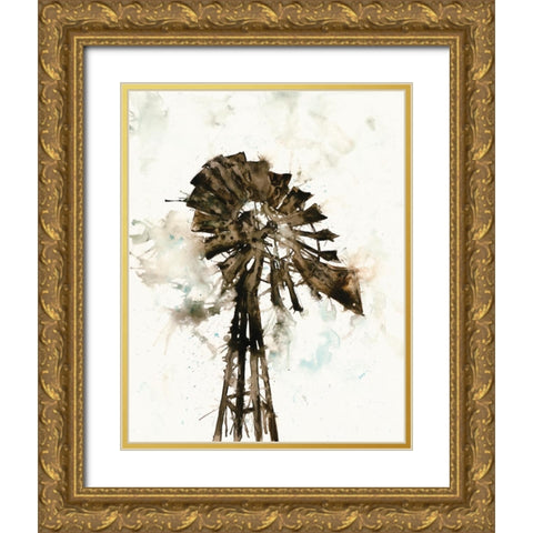 Watercolor Windmill Gold Ornate Wood Framed Art Print with Double Matting by White Ladder