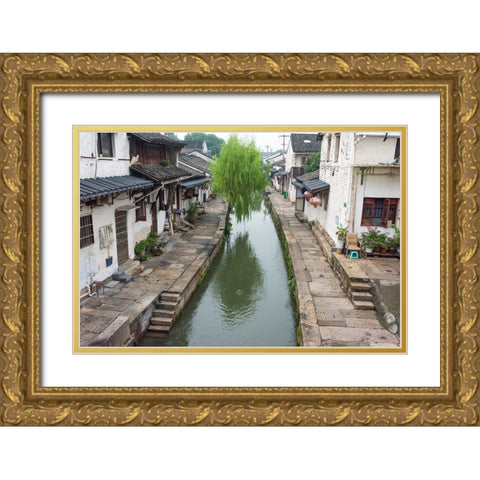Old houses along the Grand Canal-Shaoxing-Zhejiang Province-China Gold Ornate Wood Framed Art Print with Double Matting by Su, Keren