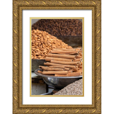 India-Delhi-Old Delhi Old Delhi street market Mixed nuts-spices and cinnamon sticks Gold Ornate Wood Framed Art Print with Double Matting by Hopkins, Cindy Miller