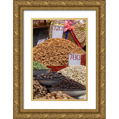 India-Delhi-Old Delhi Old Delhi street market Assorted nuts-spices and snacks Gold Ornate Wood Framed Art Print with Double Matting by Hopkins, Cindy Miller