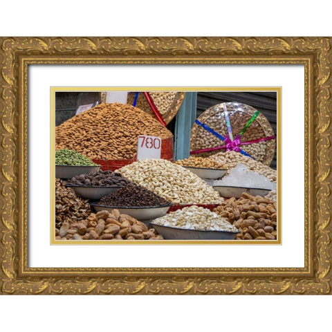 India-Delhi-Old Delhi Old Delhi street market Assorted nuts-spices and snacks Gold Ornate Wood Framed Art Print with Double Matting by Hopkins, Cindy Miller
