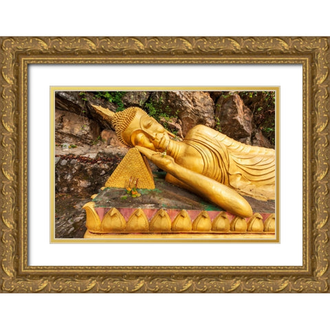 Laos- Luang Prabang. Reclining Buddha statue on Mount Phousi. Gold Ornate Wood Framed Art Print with Double Matting by Haseltine, Tom
